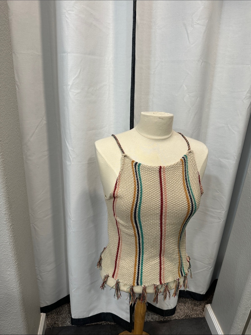 Beige Striped Crochet Camisole with Fringe